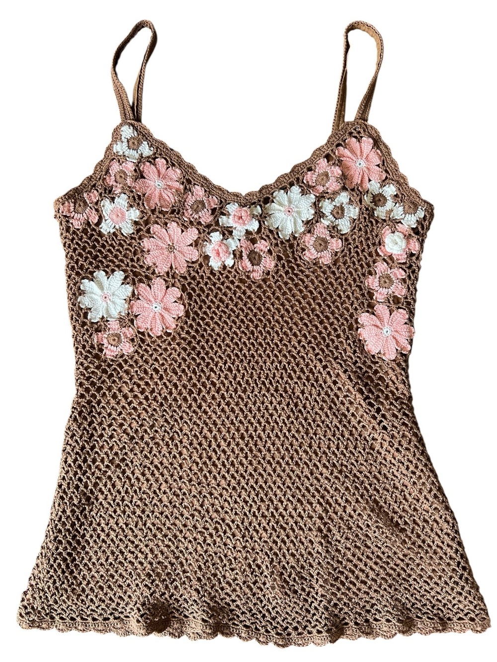 Crochet Floral Camisole - Brown with Pink & White Flowers. Size S